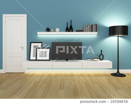 blue living room with tv stand and bookcase - rend 20598656