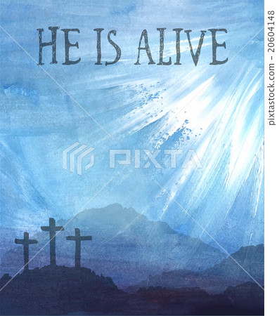 Stock Illustration: Easter scene with cross. Jesus Christ. Watercolor