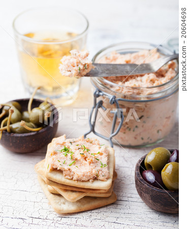 Smoked salmon and cheese spread, pate, crackers Smoked salmon and cheese spread, pate, crackers 20604698