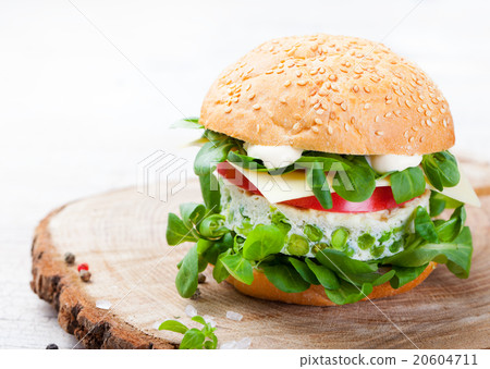 Vegetarian burger with egg, pea patty, fresh salad 20604711