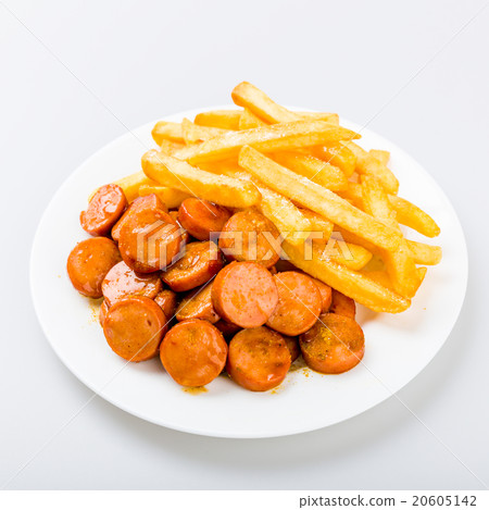 currywurst with fries on a wooden background currywurst with fries on a wooden background 20605142