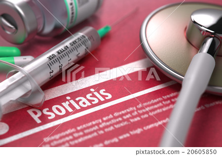Psoriasis - Printed Diagnosis on Red Background. 20605850