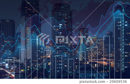 Trading graph on the cityscape at night and world map background 20609536