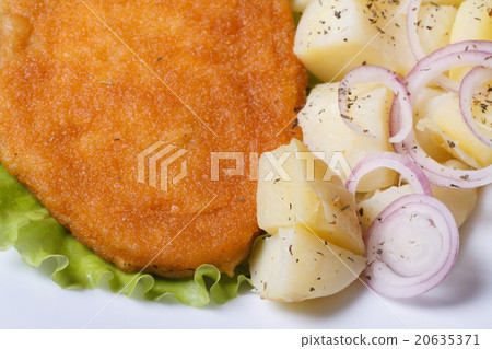 Schnitzel with new potatoes and onion top view 20635371