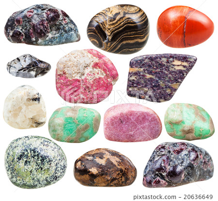 set of natural mineral tumbled gemstones isolated 20636649