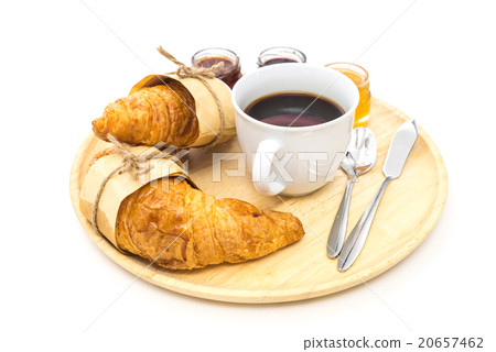 Breakfast set, tray of coffee, croissant, jams. 20657462