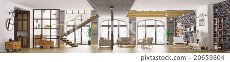 Panorama loft apartment interior, living room 3d Panorama loft apartment interior, living room 3d 20659804