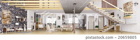 Panorama of loft apartment interior 3d rendering Panorama of loft apartment interior 3d rendering 20659805