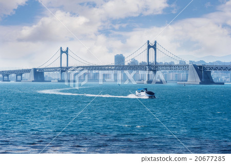 Gwangan bridge and speed boat in Busan,Korea 20677285