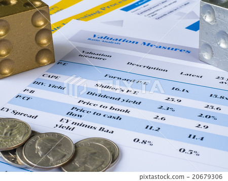 Coins, dice on Valuation measures table and chart. 20679306