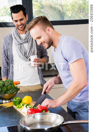 Smiling gay couple preparing food Smiling gay couple preparing food 20683866