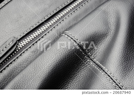 Close up of black leather bag zipper, black 20687940