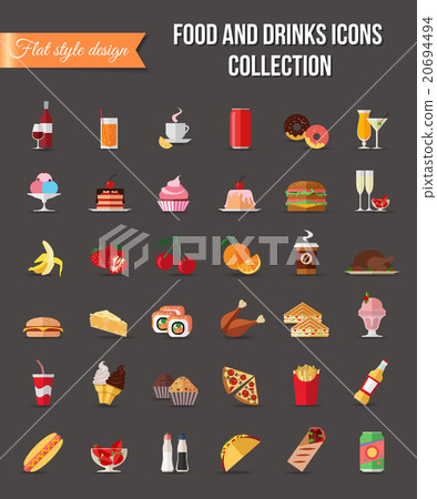 Set of colorful food and drinks icons. Flat style - Stock Illustration ...