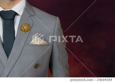 grey suit plaid texture, necktie, brooch 20694564