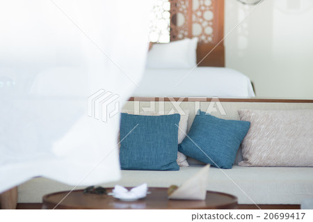 Blue pillow on the sofa, interior, indoor, modern Blue pillow on the sofa, interior, indoor, modern 20699417
