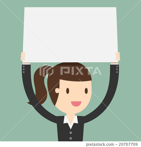 business woman holding big blank paper over head 20707709
