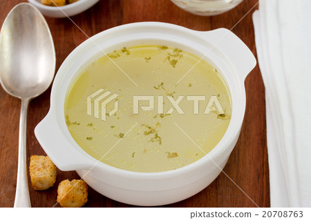 chicken broth in bowl and spoon 20708763