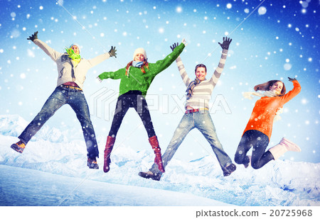 People Winter Jumping Snow Playful Concept 20725968