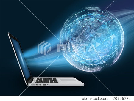 Laptop with digital globe against dark background 20726773