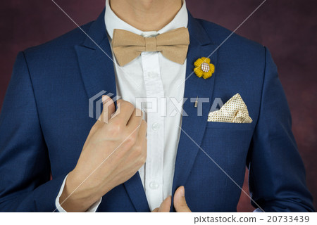 man in blue suit bowtie, brooch, handkerchief 20733439