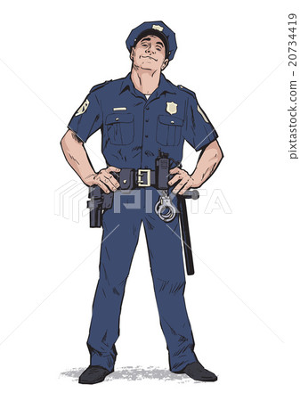 Smug policeman stands upright. Blue uniform 20734419