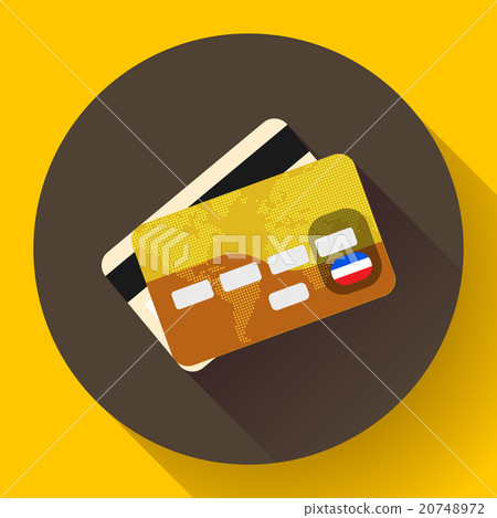Golden VIP Credit Card icon with long shadow. Flat 20748972