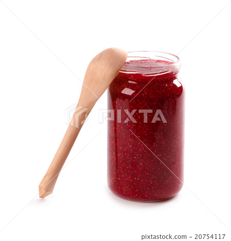 homemade raspberry jam and wooden spoon 20754117