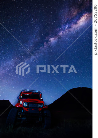 Milky way with red car at  Mt.Bromo,Indonesia 20755290