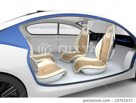 自動駕駛汽車的內部圖像。在使用旋轉座椅的自動操作期間也可以進行會議和協商 20761637