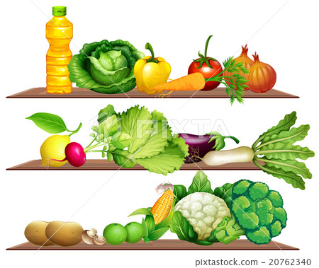 Fresh vegetables and oil on the shelf Fresh vegetables and oil on the shelf 20762340