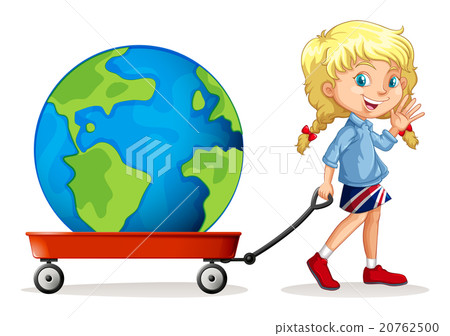 Little girl pulling wagon with a globe on it 20762500