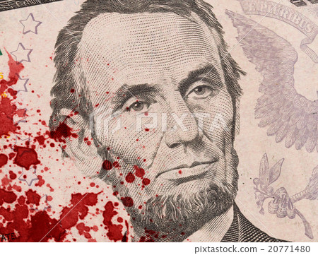 US five Dollar bill, close up, blood 20771480