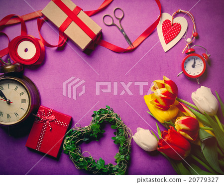 Beautiful bouquet of tulips and gifts 20779327