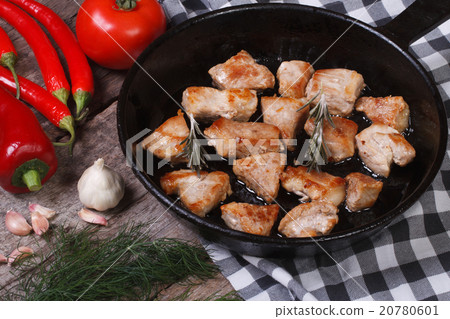 Pieces of grilled meat in a pan view from above. Pieces of grilled meat in a pan view from above. 20780601
