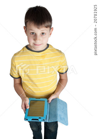 Cute boy with tablet computer looking upside Cute boy with tablet computer looking upside 20781925