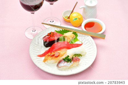 Image of sushi and red wine. 20783943