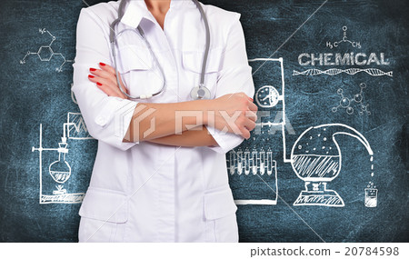doctor with stethoscope and scheme chemical reaction 20784598