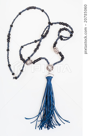 sautoir from black beads with blue brush on white sautoir from black beads with blue brush on white 20785060