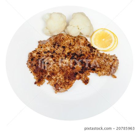 fried veal schnitzel, boiled cauliflower, lemon fried veal schnitzel, boiled cauliflower, lemon 20785963