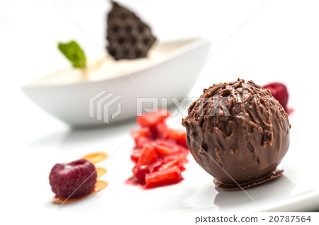 chocolate ball with ice cream and fruit on plate 20787564