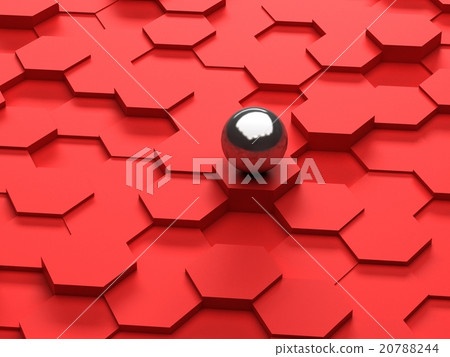 Red background of 3d hexagons and steel sphere Red background of 3d hexagons and steel sphere 20788244