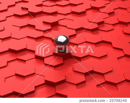 Red background of 3d hexagons and steel sphere Red background of 3d hexagons and steel sphere 20788248