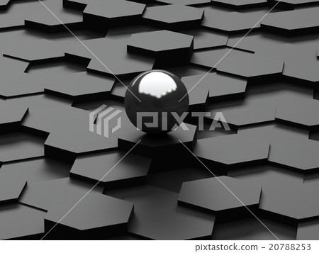 Black background of 3d hexagons and steel sphere Black background of 3d hexagons and steel sphere 20788253