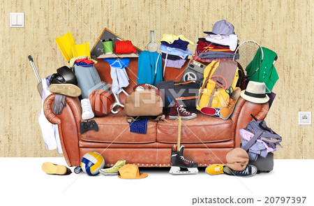 Large leather sofa with a bunch of different thing 20797397