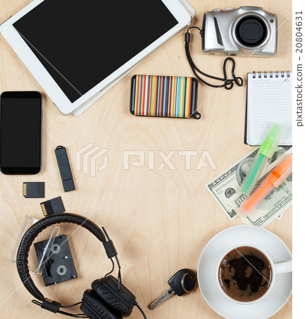 Flat lay of personal stuff, tablet computer Flat lay of personal stuff, tablet computer 20804631