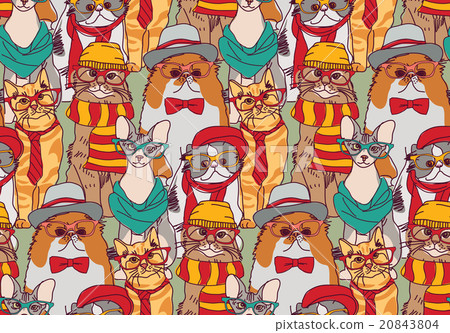 Cute cats group fashion hipster seamless pattern. Cute cats group fashion hipster seamless pattern. 20843804