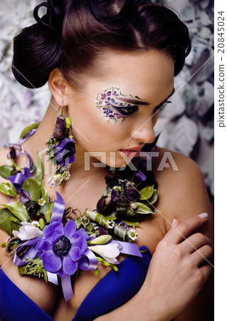 floral face art with anemone in jewelry, sensual floral face art with anemone in jewelry, sensual 20845024