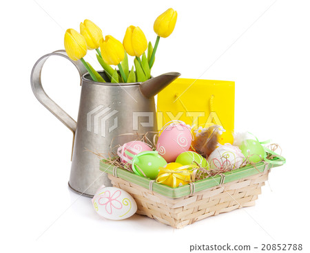 Easter with colorful eggs and yellow tulips 20852788