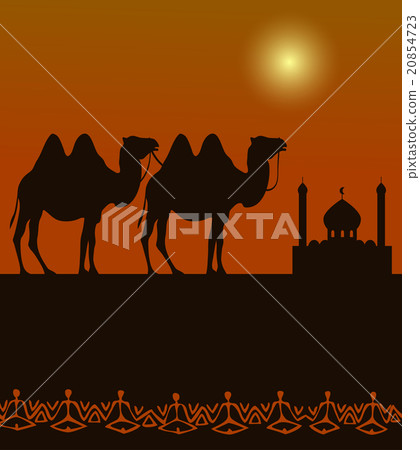camels on the desert with middle east architecture 20854723