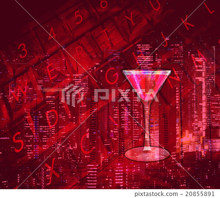 城市和鍵盤和雞尾酒杯的夜視圖 20855891